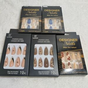 Bundle 5 Medium Stiletto Press-On Nails Nude Blue Gold Brown Pre-Glued